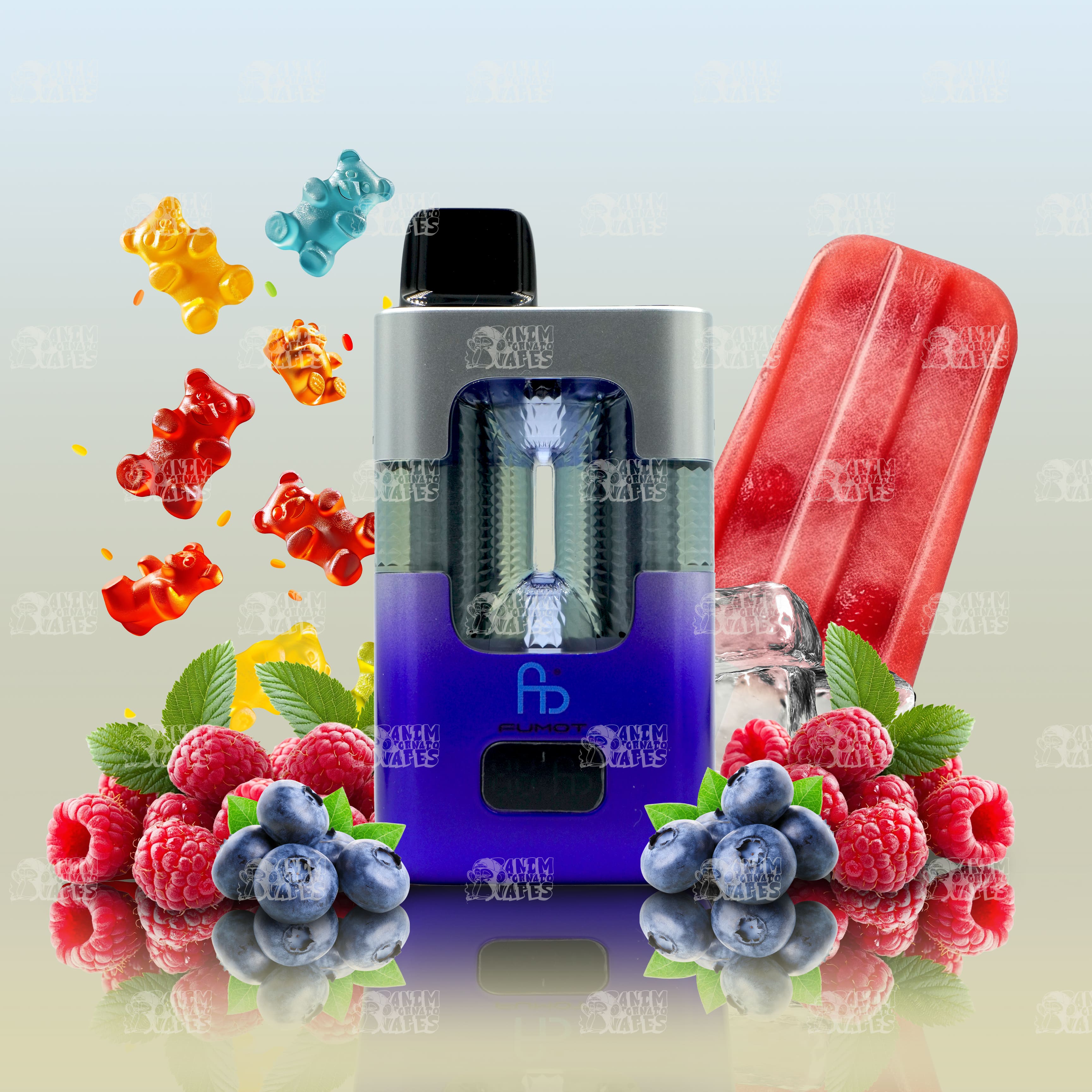 Fumot RandM Eco 2in1 50000 Blue Razz Gummy Bear und Blue Razz Ice Pop Einweg-Vape mit zwei Aromen und 50000 Zügen